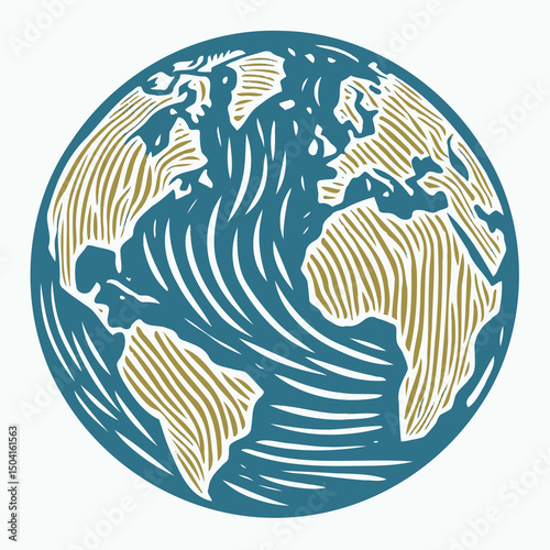 World map with Globe in Retro Style Drawing. Hand-drawn Earth Globe Sketch. Hand Drawn Colorful Flat Illustration of Our Blue Planet icon. Simplified Globe Representation Earth's Continents and Oceans