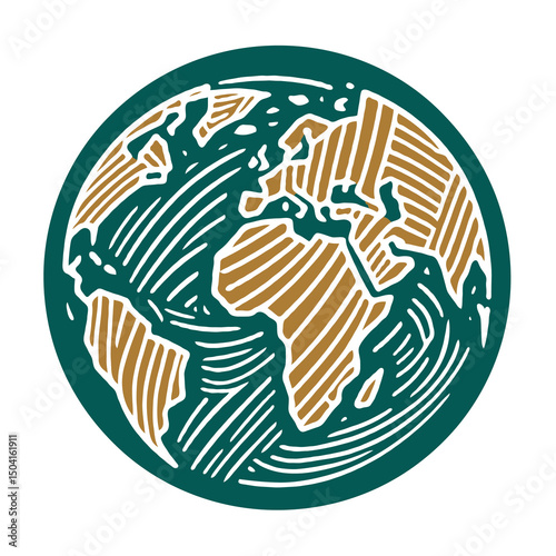 World map with Globe in Retro Style Drawing. Hand-drawn Earth Globe Sketch. Hand Drawn Colorful Flat Illustration of Our Blue Planet icon. Simplified Globe Representation Earth's Continents and Oceans