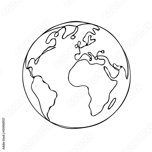 World map with Globe Line Drawing. Hand-drawn Earth Globe Sketch. Earth A HandDrawn Flat Illustration of Our Blue Planet. Simplified Globe Representation Earth's Continents and Oceans. 