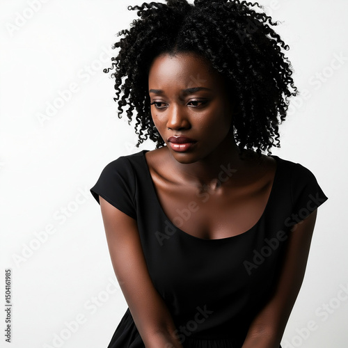 Poignant studio portrait of a Black woman with natural curly hair, looking down with a sorrowful expression, against a clean white backdrop
