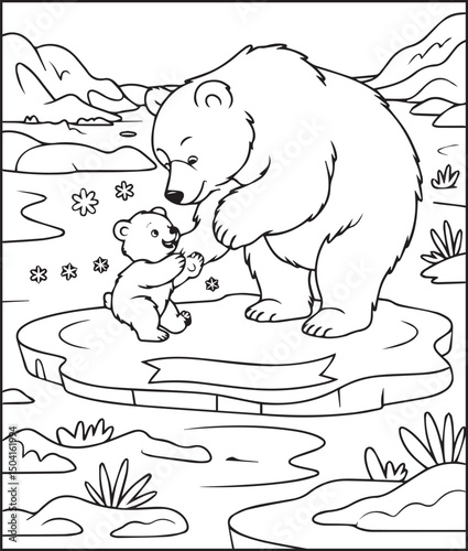 Cute cartoon bear with baby drawing line art vector for children animal coloring book design