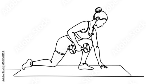 Minimalist line drawing of a woman in athletic wear, performing a lunge with dumbbell. Vector illustration