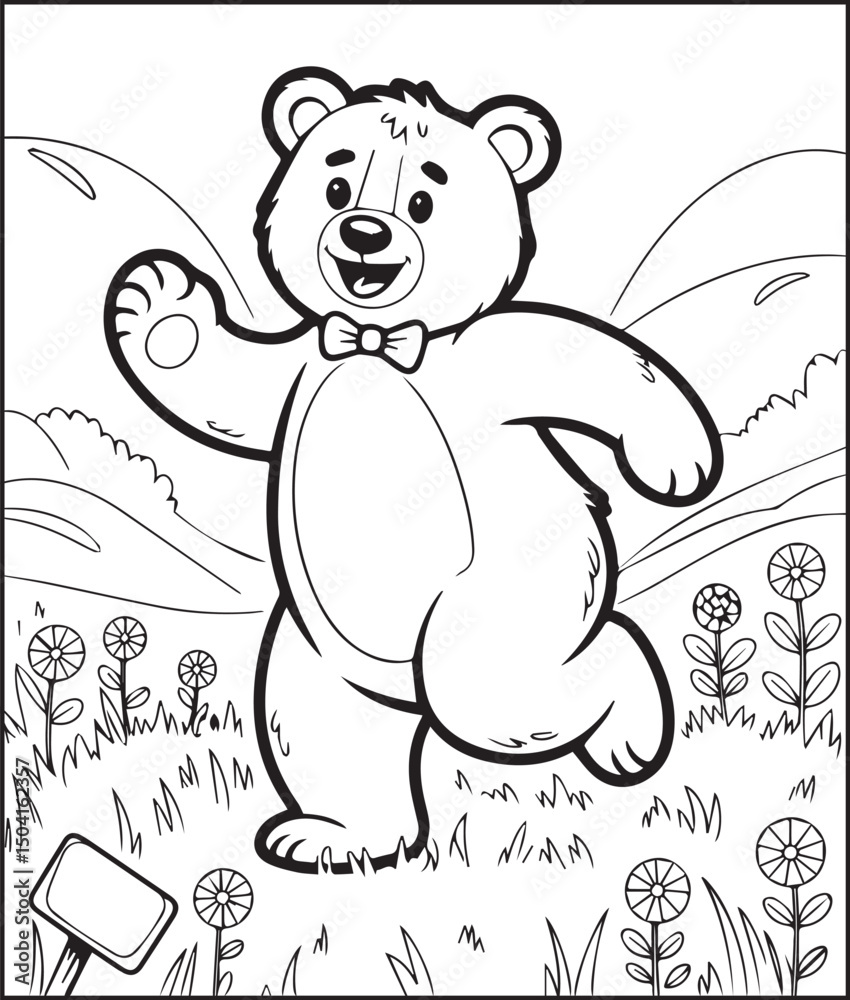 Fototapeta premium Cute cartoon cheerful bear dancing in nature drawing line art vector for children animal coloring book design