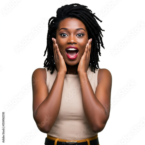 Excited Black Woman with Dreadlocks - Happy Surprise
