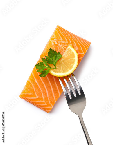 Fresh salmon fillet with lemon and parsley being pricked by fork on white background