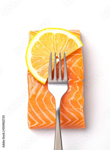 Fresh salmon fillet with lemon and parsley being pricked by fork