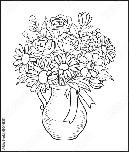 Relaxing bloom flower in vase outline vector artwork for coloring page or book design