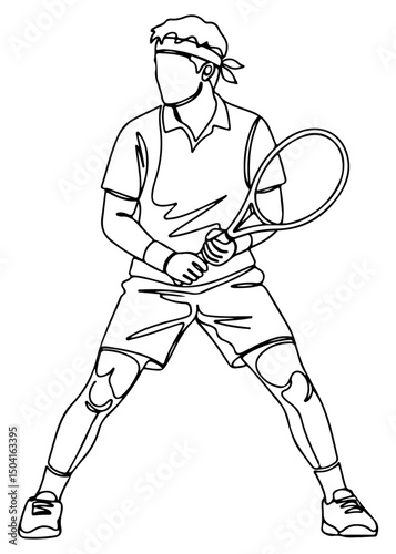 Stylish line drawing of a tennis player in action. Vector illustration
