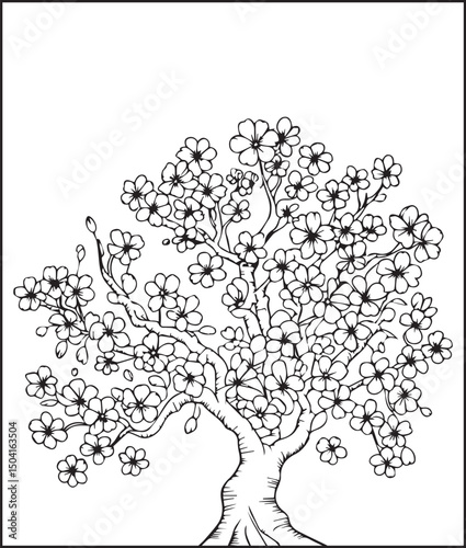 Relaxing bloom cherry flower outline vector artwork for coloring page or book design
