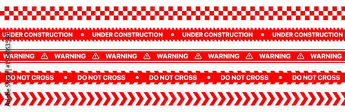 Hazardous warning tape set with Red and White seamless borders for construction zones and crime scenes. Law enforcement caution tape with brushes included. Vector illustration for danger signage.
