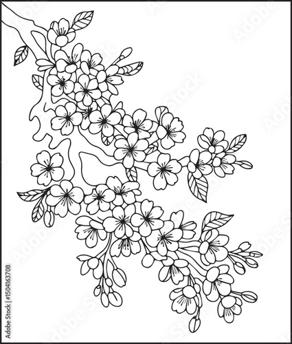 Relaxing bloom cherry flower outline vector artwork for coloring page or book design