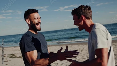 Two men smiling at the beach, captured in a low-angle shot under a clear blue sky, conveying a joyful, carefree vibe. Ideal for a lifestyle video.