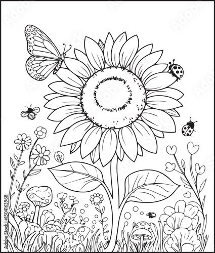 Relaxing bloom sunflower outline vector artwork for coloring page or book design