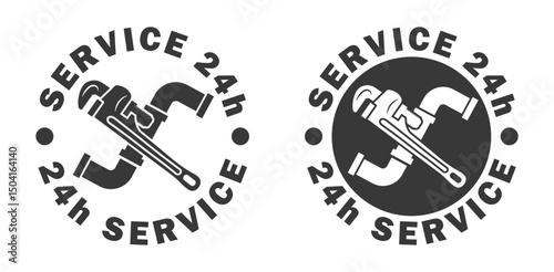 Plumbing services icon symbol, pipe wrench sign, Plumbing wrench logo. 24h service.Vector illustration image. Isolated on white background.