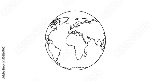 Minimal line art vector illustration of Earth globe with world map, thin black contour lines showing continents and country outlines, clean and modern design.