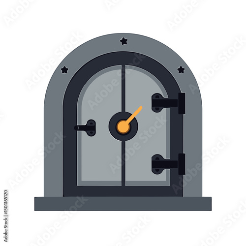 Illustration of a Gray Stone Archway Door with Black Hinges and a Central Knob, Isolated on White