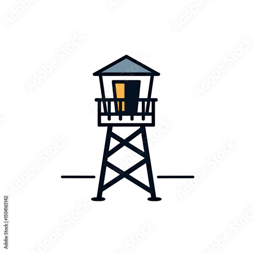 Simple Illustration of a Guard Tower with Blue Roof and Black Structure on a White Background