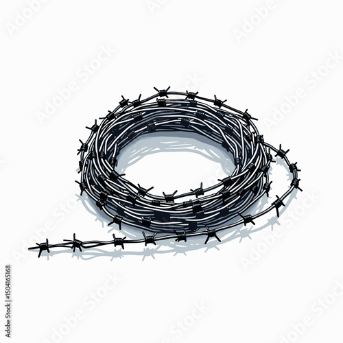 Coiled Barbed Wire Illustration on White Background, Security and Confinement Concept