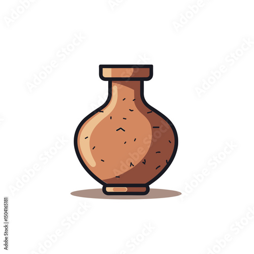Isolated Illustration of a Simple Brown Clay Vase with Black Outline and Shadow