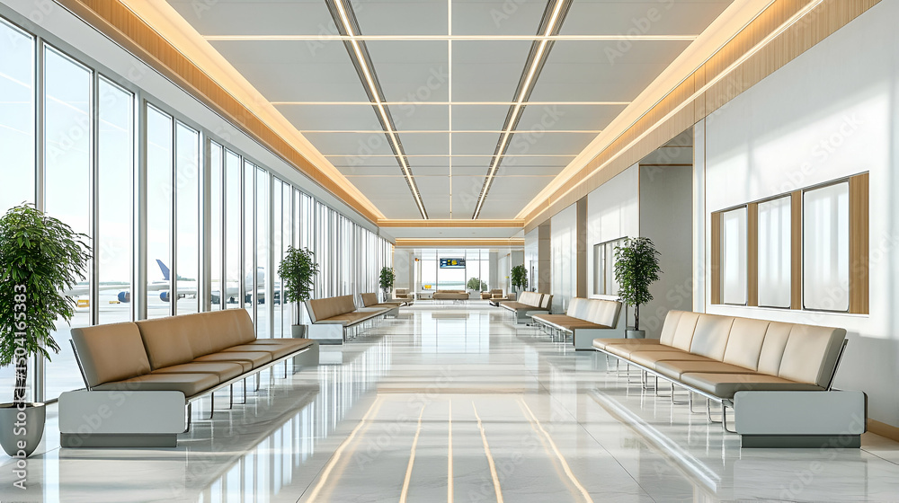 Obraz premium Modern Airport Terminal Lounge Interior with Beige Seating