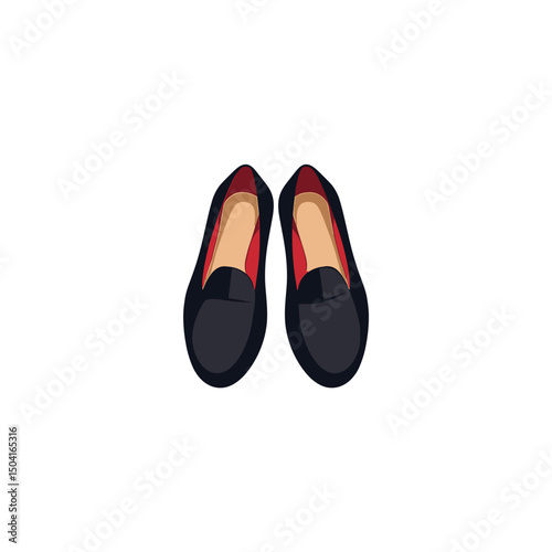Elegant Pair of Black Loafer Shoes with Red Interior Lining, Flat Design Illustration