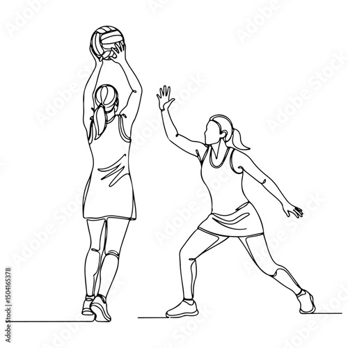 Two women are playing netball, one is throwing the ball while other defends, simple line drawing. Vector illustration