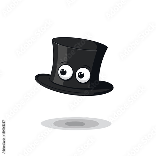 Cartoon Black Top Hat with Googly Eyes Floating with Shadow on White Background Illustration