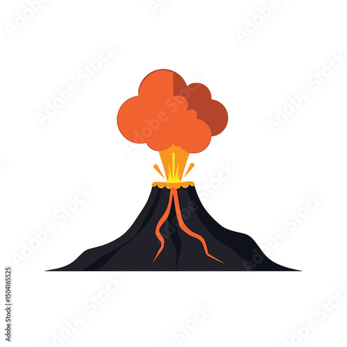 Stylized Volcano Eruption Illustration with Lava Flow and Orange Smoke Cloud, Isolated on White Background