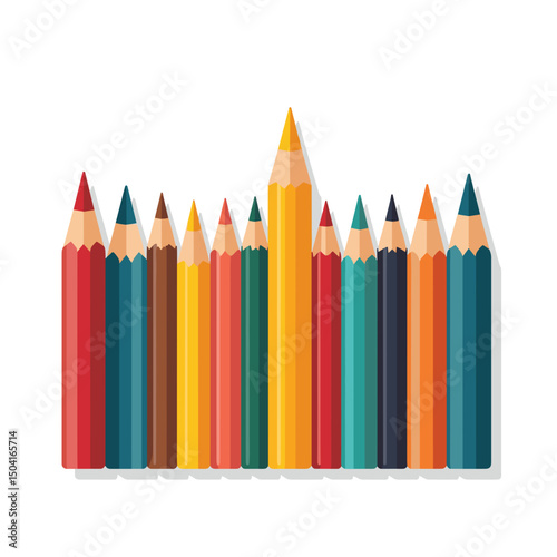 Colorful Pencils Standing Tall in a Row, One Pencil Significantly Taller Than the Others, Flat Vector Illustration