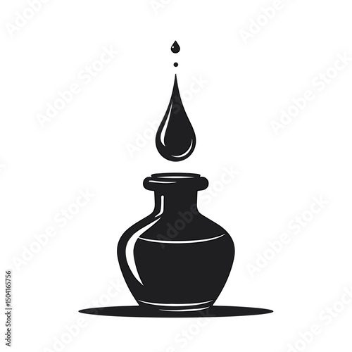 Elegant Black Ink Dropping into an Inkwell, Vector Illustration with Clean Lines