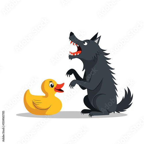 Cartoon Illustration of a Big Bad Wolf Threatening a Rubber Duck Toy, Isolated on White Background
