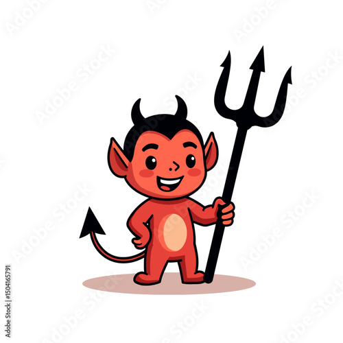 Cute Cartoon Devil Character Holding a Trident, Smiling, Vector Illustration for Halloween or Fantasy Theme