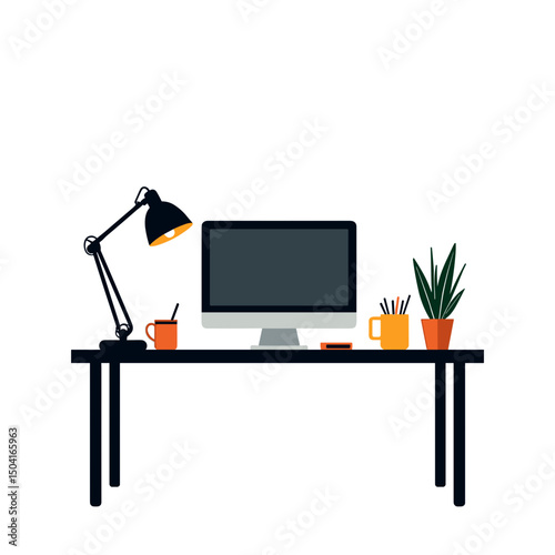Illustration of a Minimalist Workspace with Computer, Lamp, Plant, and Coffee on a Black Desk