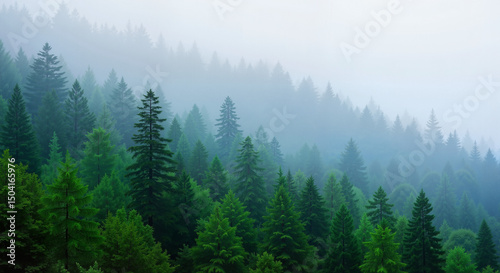 Misty evergreen forest landscape for nature-themed websites, eco blogs, mindfulness content, forest conservation campaigns, backgrounds, and travel presentations

