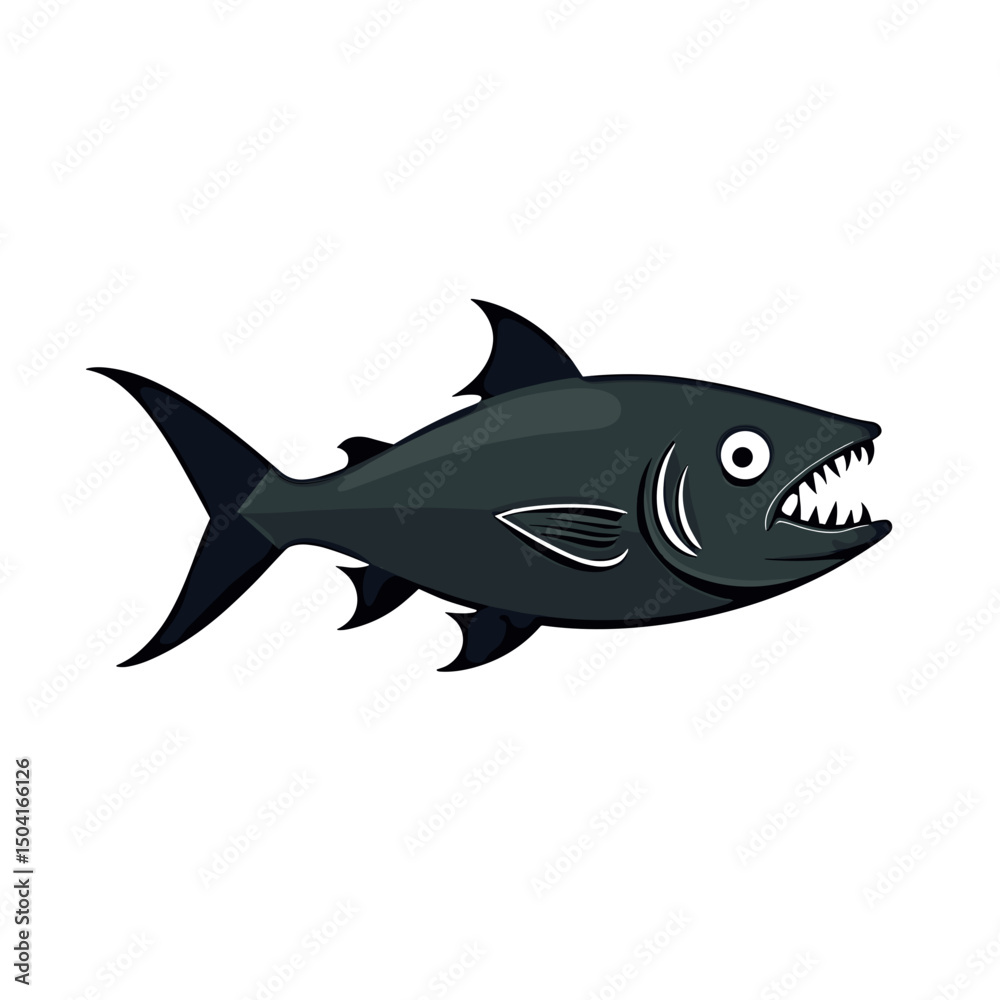 Obraz premium Cartoon Illustration of an Aggressive Black Fish with Sharp Teeth and White Eyes on a White Background