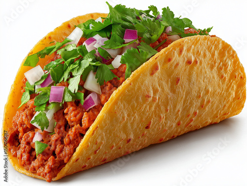 Create an editorial-style photo of a single taco, isolated on a pure white background. Use high-key flash lighting to eliminate shadows and emphasize texture, detail, and color. The taco should be com