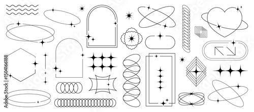 Vector set of abstract geometric line elements, including aesthetic sparkles, dynamic waves, and futuristic frames in a contemporary and minimalistic design