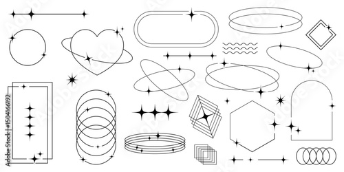 Set of abstract vectors geometric line elements, including aesthetic sparkles, dynamic waves, and futuristic frames in a contemporary and minimalistic design