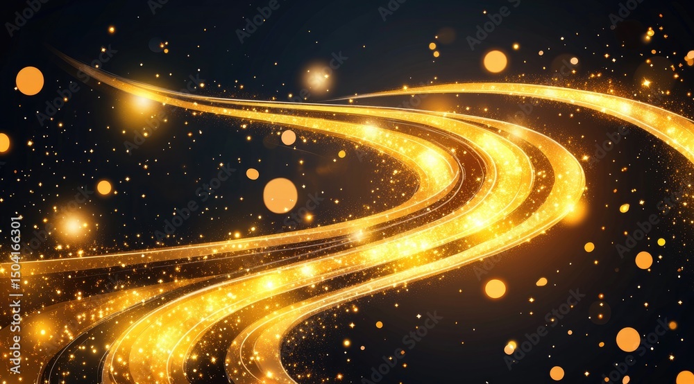 Obraz premium Golden glowing waves on dark background