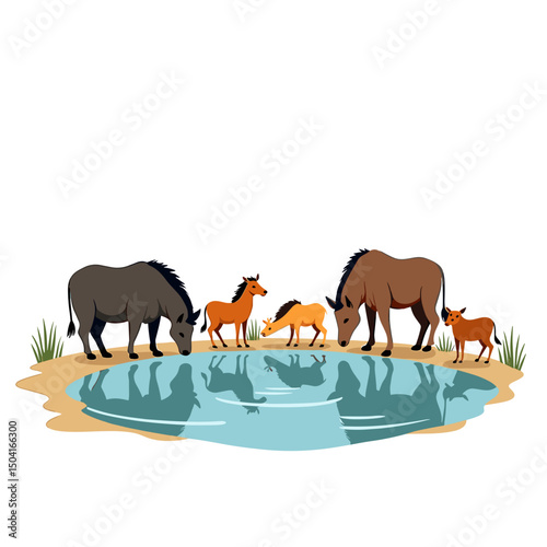 Illustration of a Family of Horses Drinking Water from a Pond in a Peaceful Environment