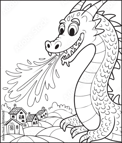 Cute animal dragon showing fire from mouth hand-drawn bold line art illustration for children coloring pages