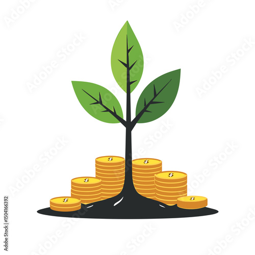 Growing Money Tree Illustration with Stacks of Coins Representing Financial Growth and Investment