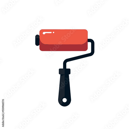 Red Paint Roller with Black Handle Isolated on White Background, Flat Vector Graphic