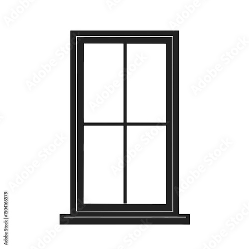 Black and White Illustration of a Window Frame with Four Panes and a Window Sill