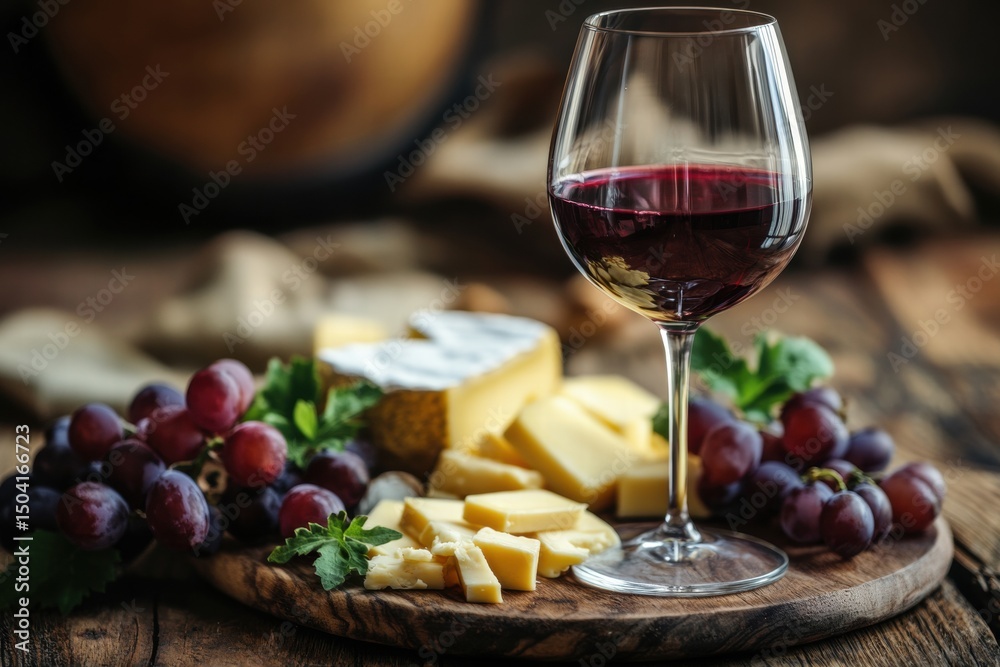 Red wine and cheese on wooden board with grapes Red wine and cheese on wooden board with grapes