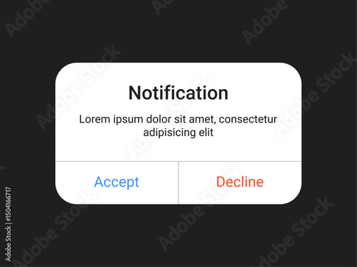 Notification pop-up UI design with accept and decline buttons in a minimal style for web and mobile app alert message interface on a dark background