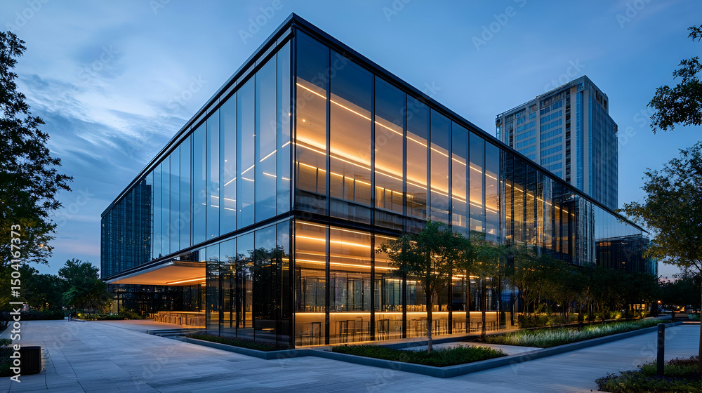 Modern Glass Building at Night in Urban Setting Modern Glass Building at Night in Urban Setting