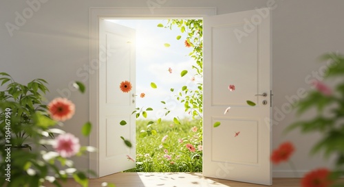 Wallpaper Mural Open door to summer meadow with leaves/petals. Room for new possibilities Torontodigital.ca
