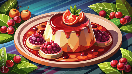 A close-up of delicate panna cotta sits gracefully in a pool of vibrant pomegranate sauce, garnished with fresh pomegranate seeds, creating a visually striking and mouthwatering dessert composition.