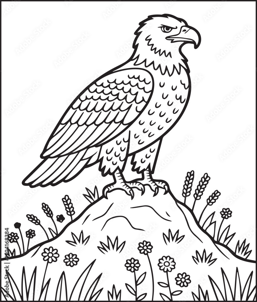 Fototapeta premium Eagle sitting on mountain in natural view scene coloring page for kids and children